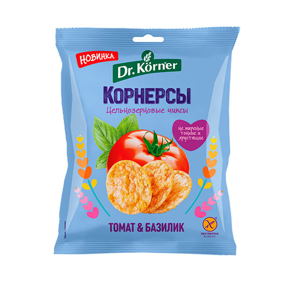 Чипсы Dr.Korner цельнозерновые кукурузно-рисовые с томатом и базиликом 50 г