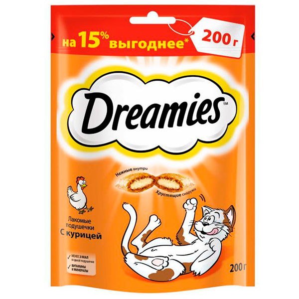 Лакомство Dreamies подушечки для кошек с курицей 200 гр