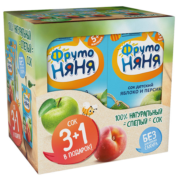 Сок детский 4+ ФрутоНяня яблоко-персик мультипак 0.2 литра, 4 шт. в уп.
