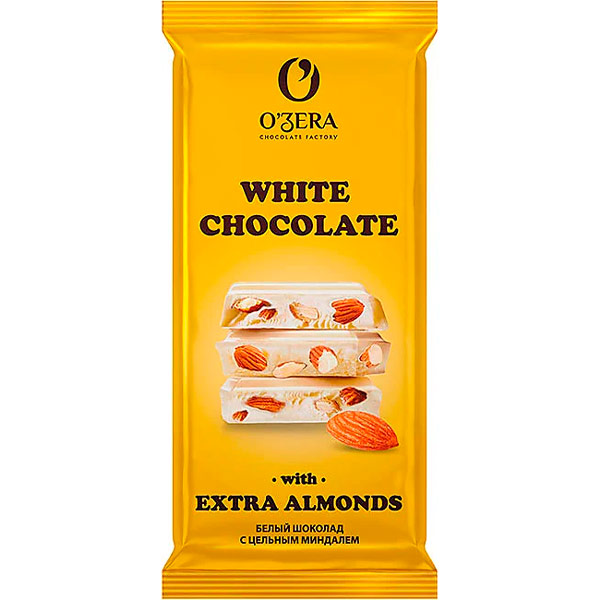 Шоколад OZera White and Extra Almond белый с цельным миндалем 90 гр