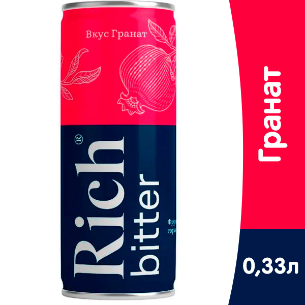 Напиток сокосодержащий Rich Биттер Гранат 0.33 литра, сильногазированный, ж/б, 12 шт. в уп.