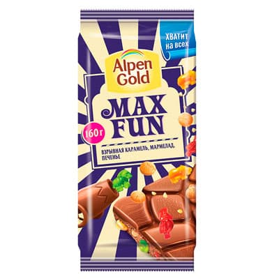 Шоколад Alpen Gold Max Fun взрывная карамель, мармелад, печенье 160 гр