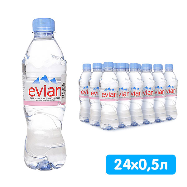 Вода Evian 0.5 литра, без газа, пэт, 24 шт. в уп Вода Evian 0.5 литра, без газа, пэт, 24 шт. в уп. - фото 1