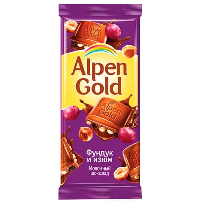 Шоколад Alpen Gold молочный фундук и изюм 90 гр