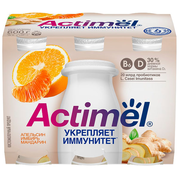Кисломолочный продукт Actimel Апельсин мандарин и имбирь 2.5% БЗМЖ 6шт x 100 гр