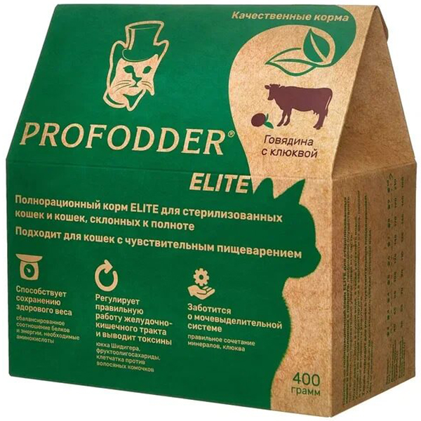 Корм сухой Profodder ELITE говядина/клюква для стерилизованных и склонных к полноте кошек с чувствительным пищеварением 400 гр