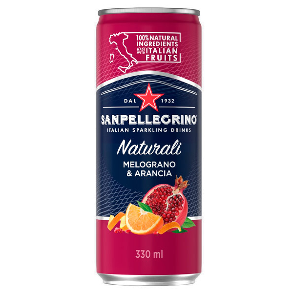Напиток San Pellegrino Melograno e Arancia гранат и апельсин 0.33 литра, газ, ж/б, 24 шт. в уп.