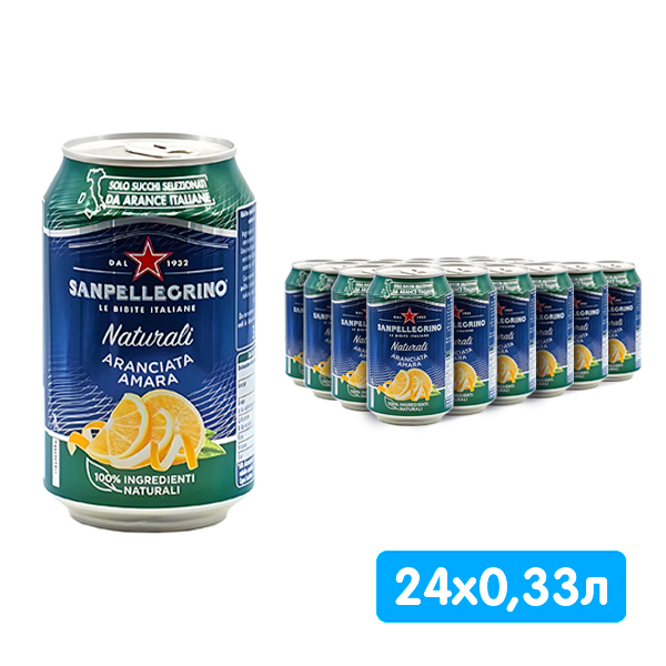 Напиток San Pellegrino Aranciata Amara с соком горького апельсина 0.33 литра, газ, ж/б, 24 шт. в уп.