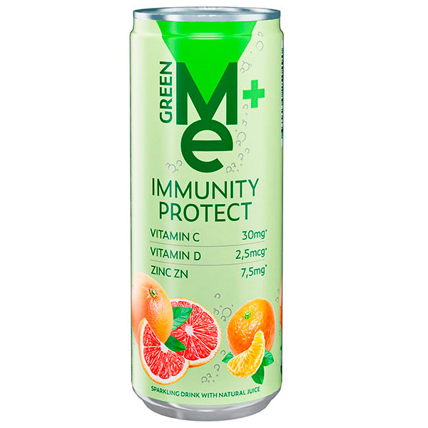 Напиток Green Me+ Immunity Protect с витамином С, D и цинком 0.33 литра, газ, ж/б, 12 шт. в уп.