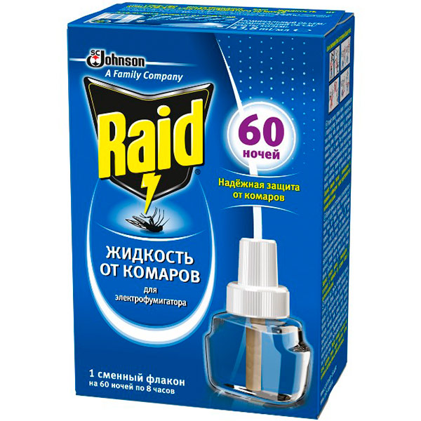 Жидкость от комаров Raid для электрофумигатора на 60 ночей без запаха