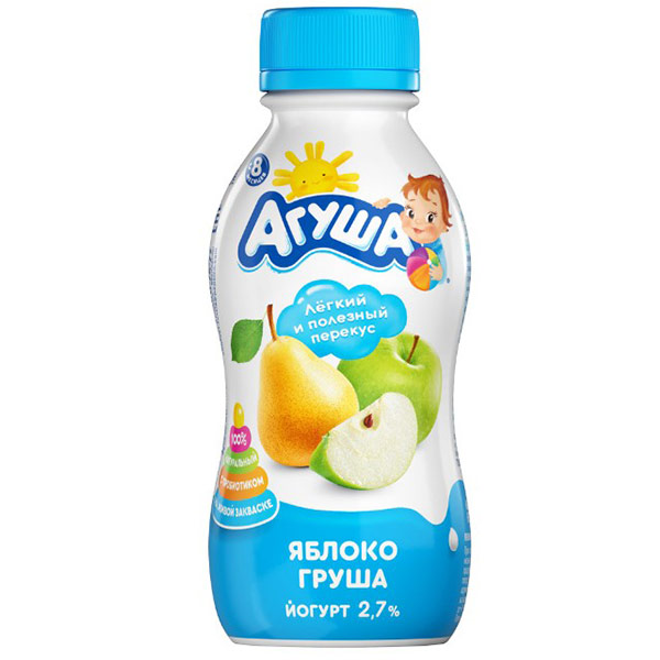 Йогурт Агуша питьевой яблоко-груша с 8 месяцев 2,7% БЗМЖ 180 гр