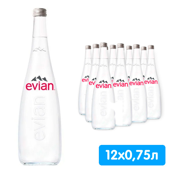 Вода Evian 0.75 литра, без газа, стекло, 12 шт. в уп.