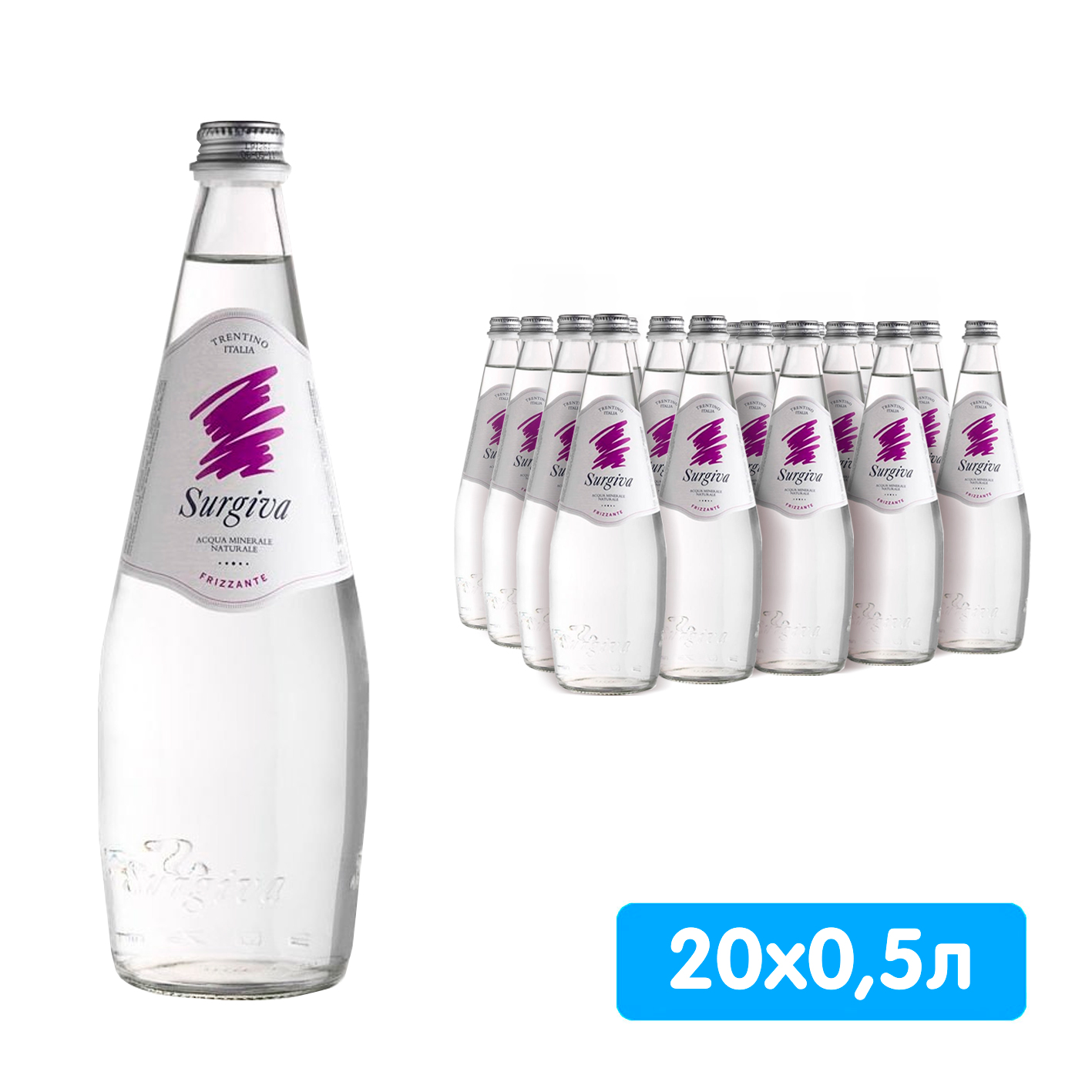Вода Surgiva 0.5 литра, газ, стекло, 20 шт. в уп.