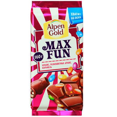 Шоколад Alpen Gold Max Fun с арахисом, разноцветным драже и карамелью 160 гр