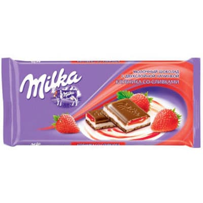Шоколад Milka молочный с двухслойной начинкой клубника со сливками 90 гр