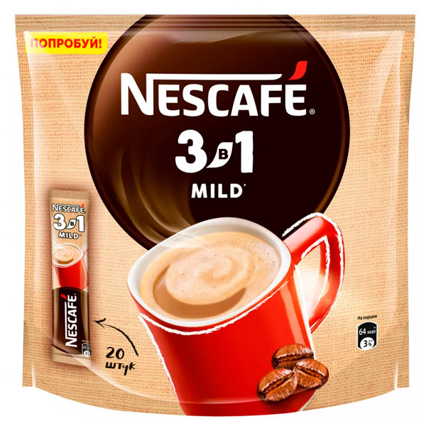 Кофе Nescafe / Нескафе Mild растворимый 3в1, 20 пак x 14,5 гр