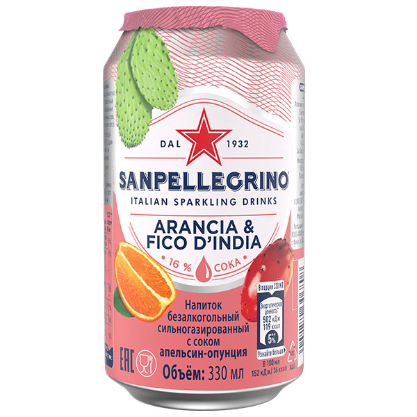 Напиток SanPellegrino Limonata апельсин-опунция 0.33 литра, газ, ж/б, 24 шт. в уп.