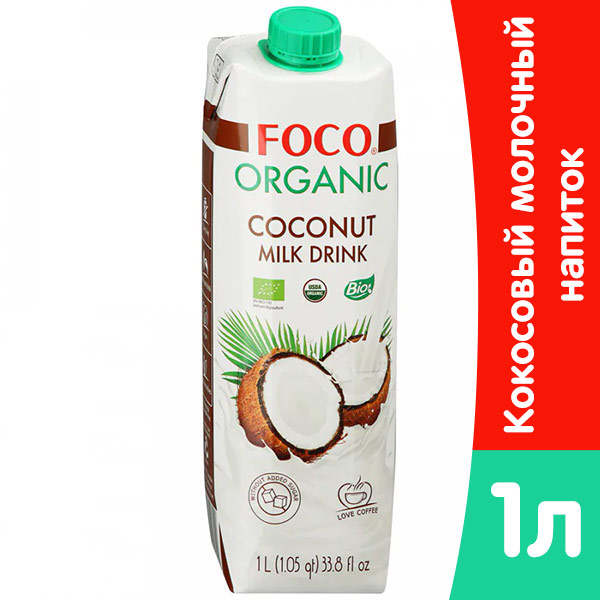 Напиток молочный кокосовый Foco без сахара 1 литр, без газа, тетра-пак, 12 шт. в уп