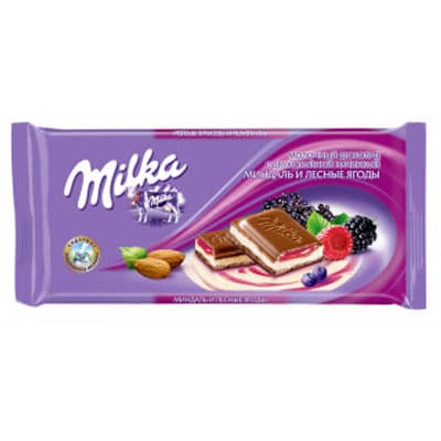 Шоколад Milka молочный с двухслойной начинкой миндаль и лесные ягоды 90 гр