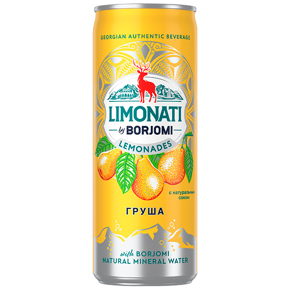 Напиток Limonati by Borjomi с соком груши, газ, ж/б, 0,33 литра, 12 шт. в уп