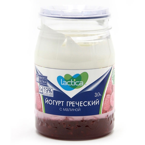 Йогурт греческий Lactica двухслойный с малиной 3% БЗМЖ 190 гр