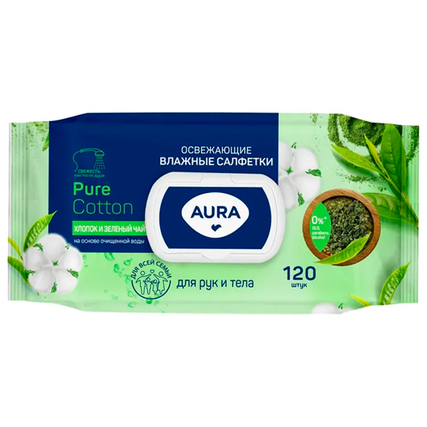 Салфетки влажные Aura хлопок мята/зеленый чай освежающие с крышкой 120 шт Салфетки влажные Aura хлопок мята/зеленый чай освежающие с крышкой 120 шт