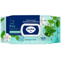 Салфетки влажные Aura хлопок мята/зеленый чай освежающие с крышкой 120 шт Салфетки влажные Aura хлопок мята/зеленый чай освежающие с крышкой 120 шт